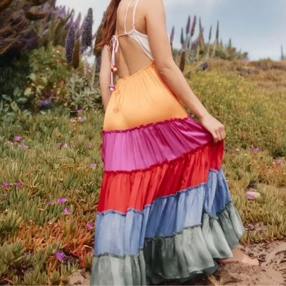 NEW By Anthropologie Rainbow V-Neck Tiered Maxi Dress Size Small - Picture 3 of 8